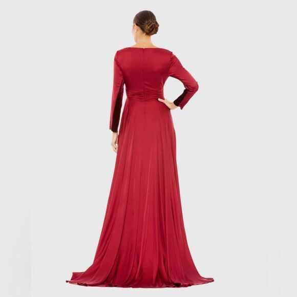 Ieena for Mac Duggal Red Long Sleeve Ruched Waist A-Line Gown Maxi Dress 10 NEW - Picture 4 of 13